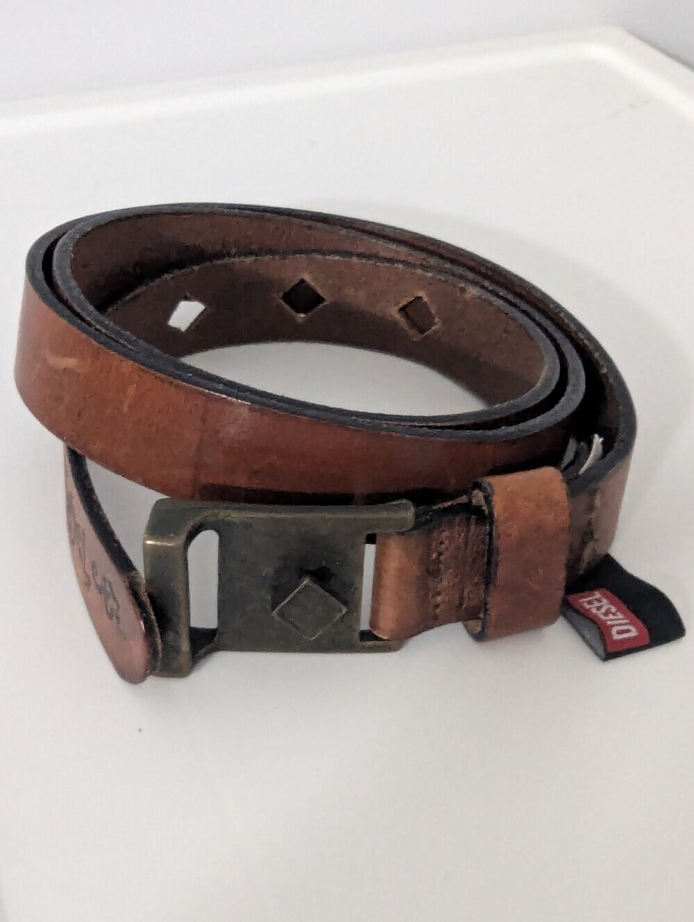 Diesel Italian Brown Leather Belt with Brass Buckle & Diamond Hoies Sz 36
